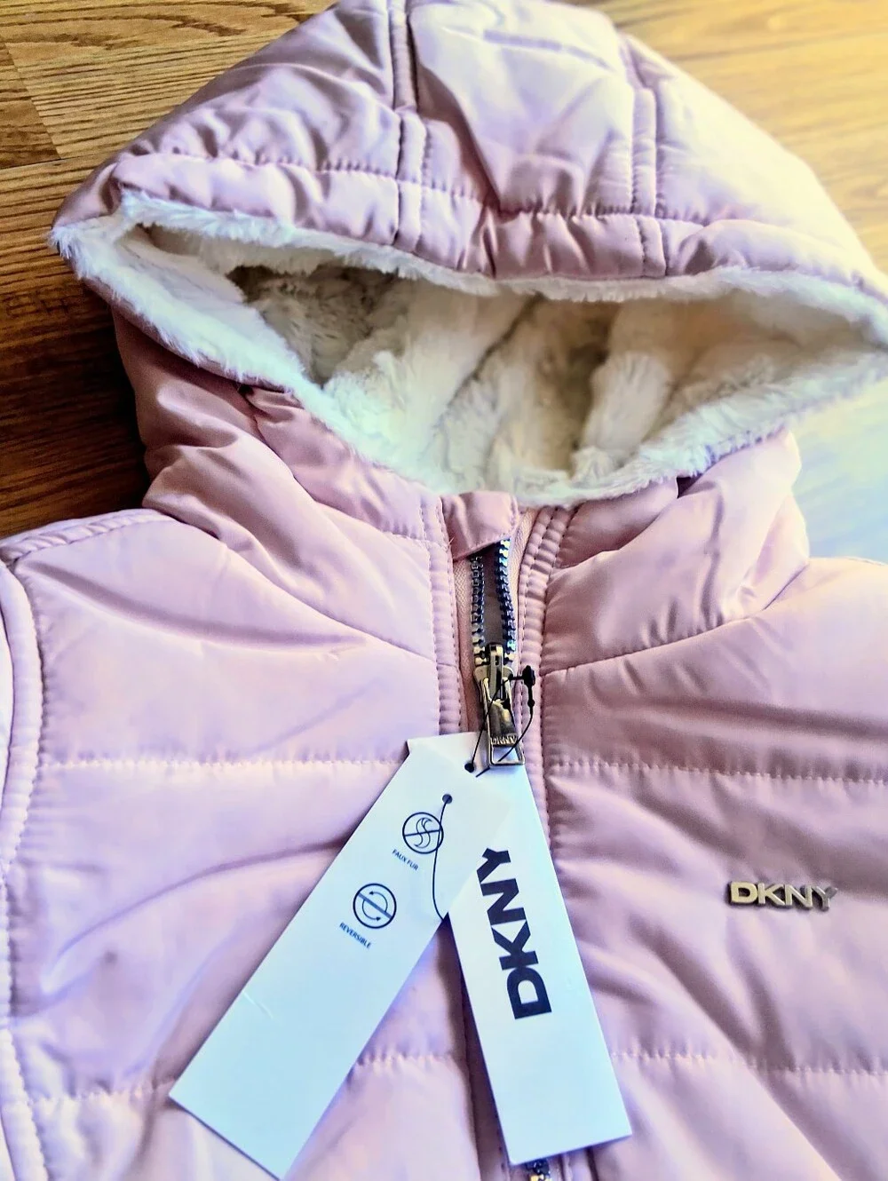 NWT DKNY girls REVERSIBLE COAT, Pale Pink/white Fuzzy Faux Fur, Sz 6X  MSRP $130